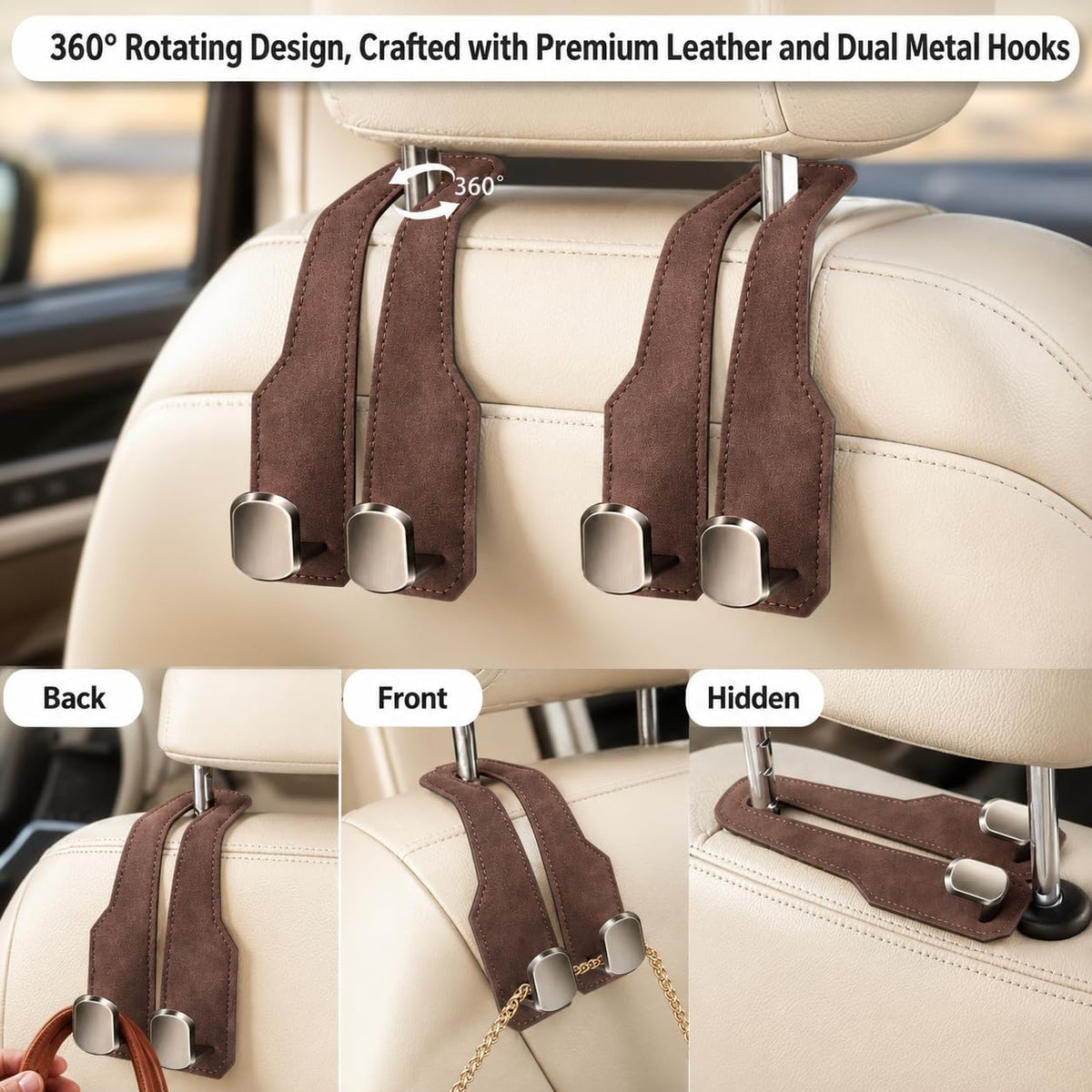 2 Pack Car Headrest Hooks, Dual Metal Hooks, Stylish Brown