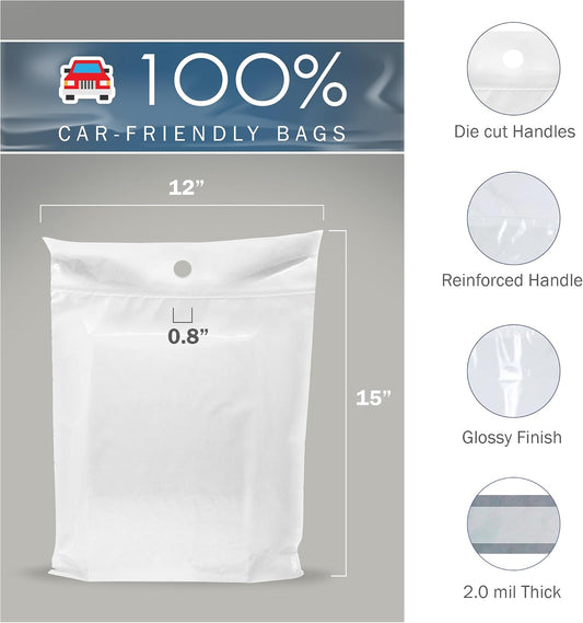 12x15 White Car Trash Bags, Leak-Proof, Headrest Handle, 2 Mil, 50 Pack