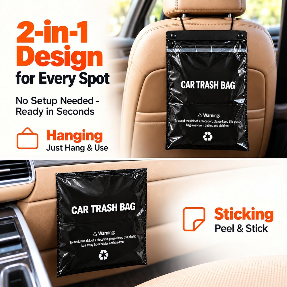 Hanging Car Trash Bags, 50 Count Disposable Leak-Proof Car Garbage Bags