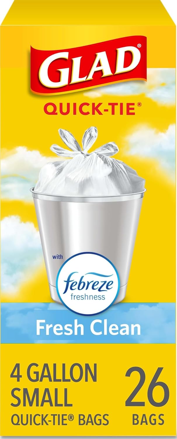 Glad Small Trash Bags 4 Gallon, Febreze Fresh Clean Garbage Bags, Odor Resistant with Quick Tie, 26 Count