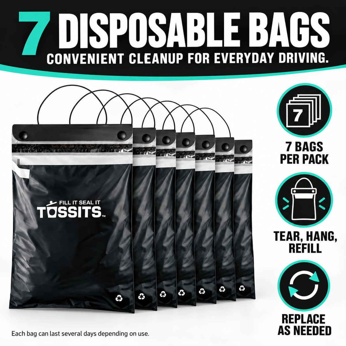 Tossits Hanging Car Trash & Garbage Bags, Disposable, Black 7 Count