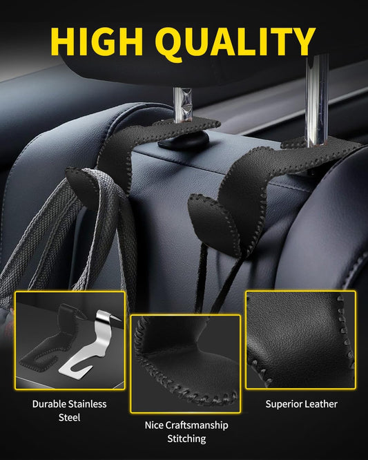 4 Pack Superior Leather Car Seat Headrest Hooks with 44 Pounds Load Capacity, Hangers Storage Organizer Universal Car Interior Accessories for Handbags Water Bottles Umbrellas, Black & Red