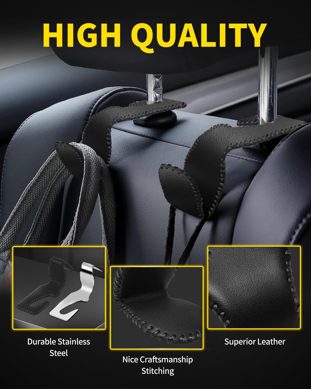 4 Pack Superior Leather Car Seat Headrest Hooks with 44 Pounds Load Capacity, Hangers Storage Organizer Universal Car Interior Accessories for Handbags Water Bottles Umbrellas, Black & Red