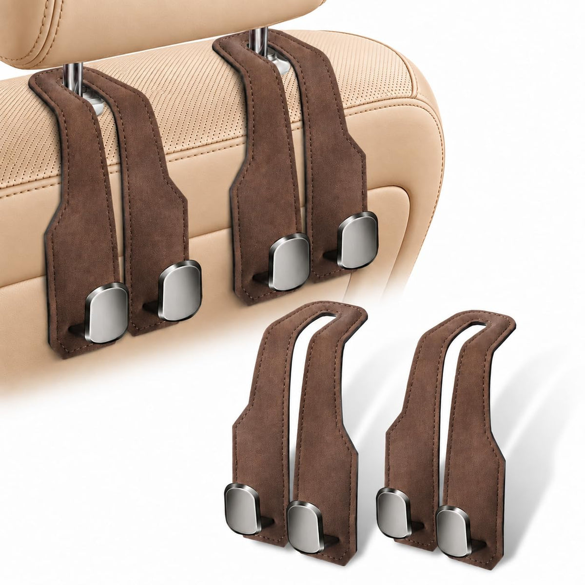 2 Pack Car Headrest Hooks, Dual Metal Hooks, Stylish Brown