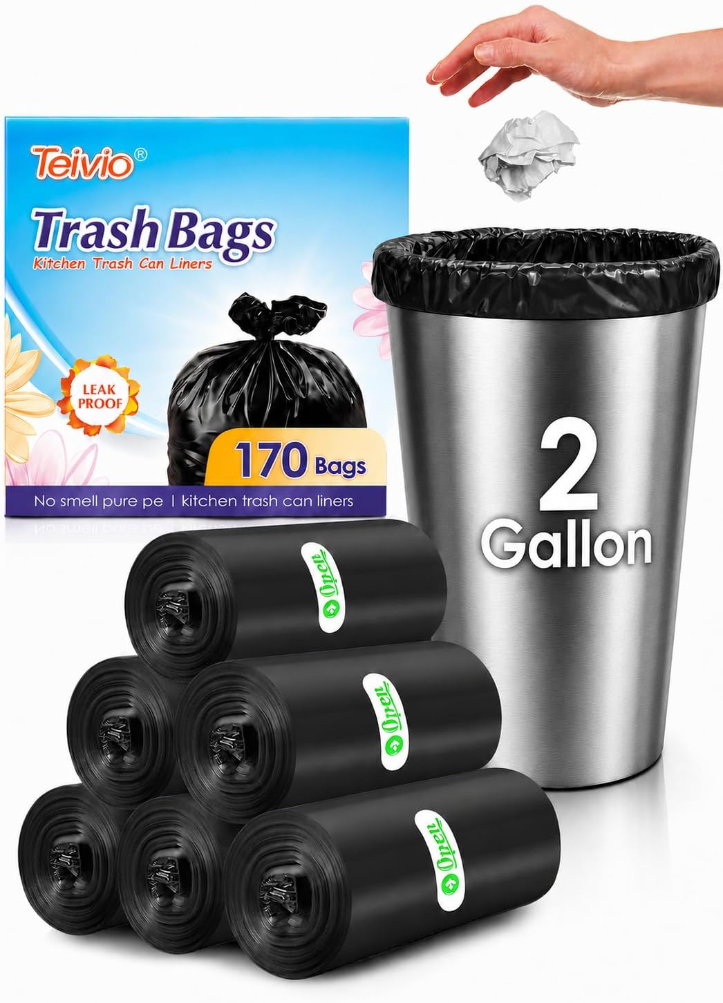 Teivio Small Black Trash Bags 2 Gallon 170 Count Unscented Garbage Bags