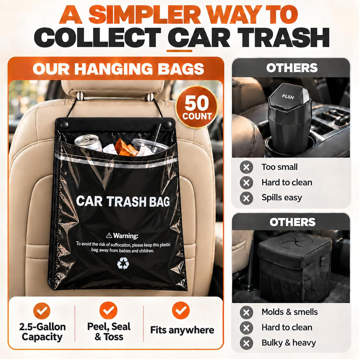 Hanging Car Trash Bags, 50 Count Disposable Leak-Proof Car Garbage Bags