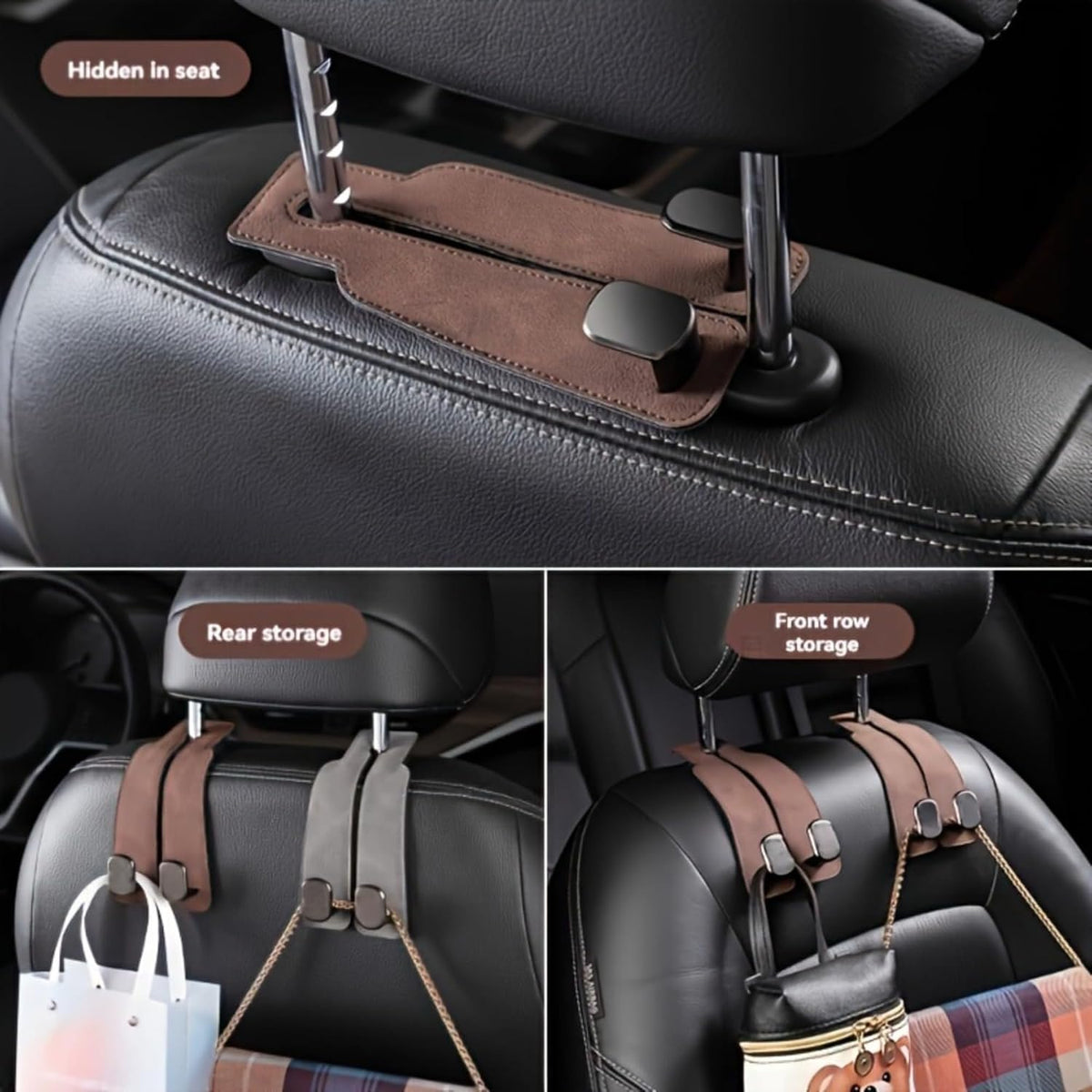 3-Pack Heavy Duty Black Car Seat Back Hooks – Car Accessories, Hidden Design Metal Headrest Hangers for SUV & Sedan, Strong Storage Hooks for Grocery Bags, Purses & Coats