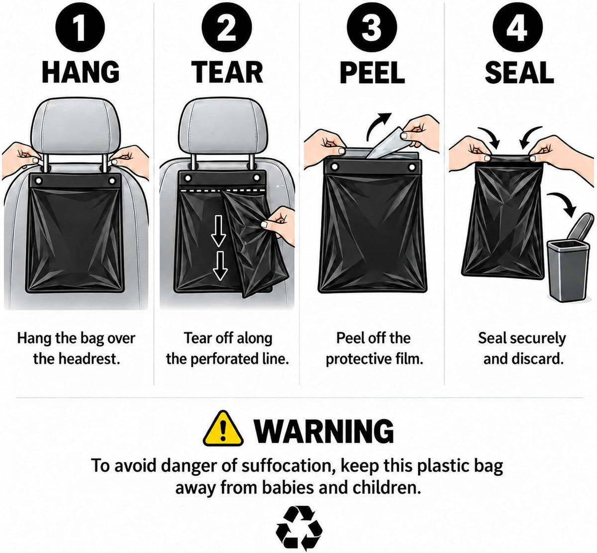 50 Count Disposable Car Trash Bags 2.5 Gallon 1.57mil Heavy Duty Car Trash Can Leakproof Hanging & Stick-On Garbage Bag for Car