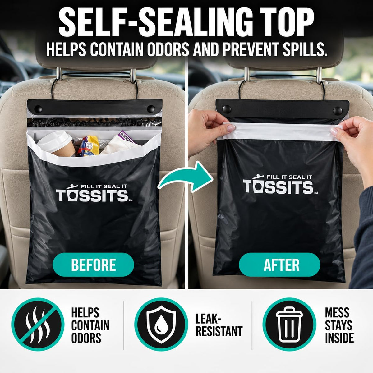 Tossits Hanging Car Trash & Garbage Bags, Disposable, Black 21 Count