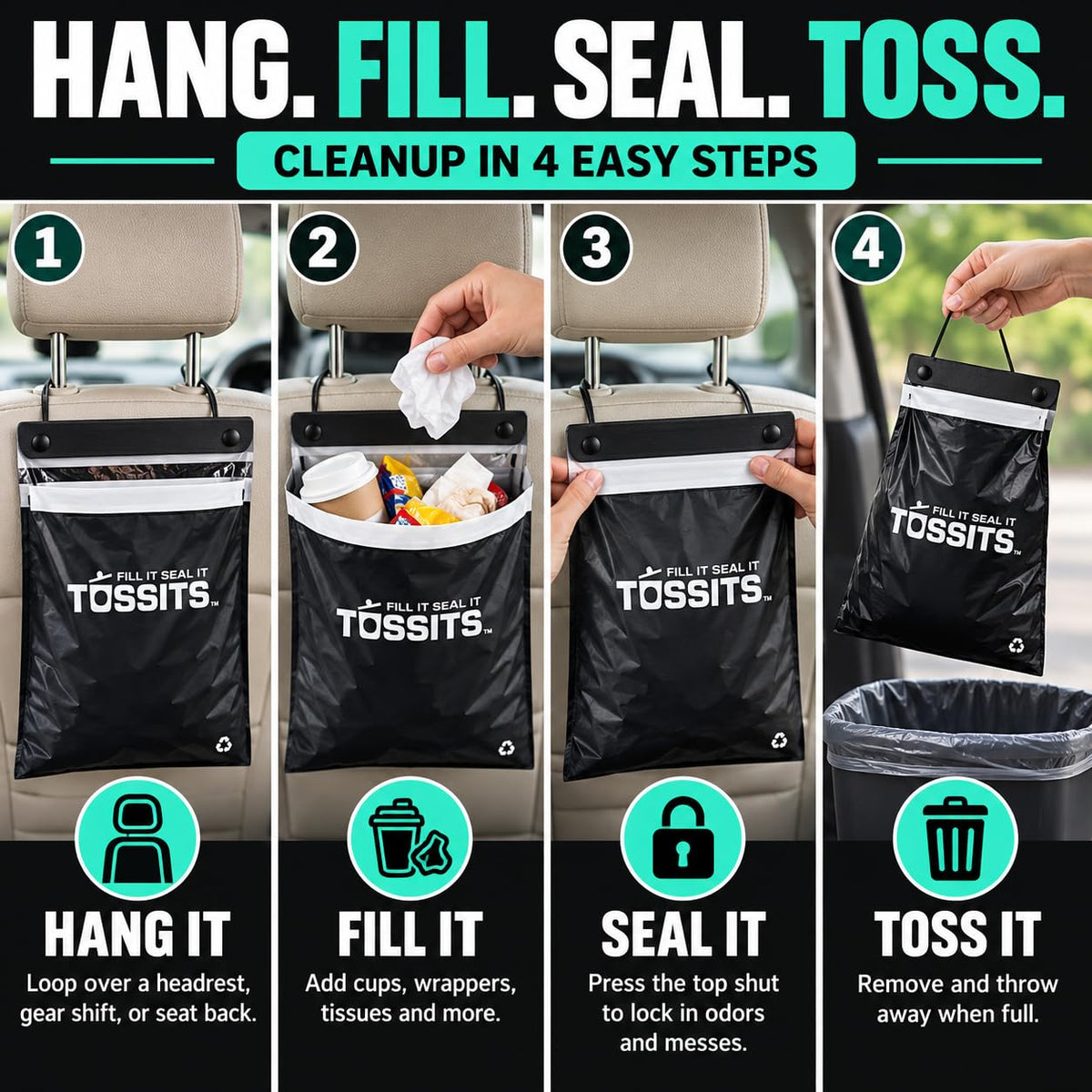 Tossits Hanging Car Trash & Garbage Bags, Disposable, Black 21 Count