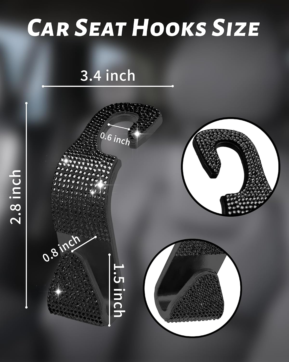 4 Pack Sparkling Car Seat Hooks Purse Holder for Bags, Black