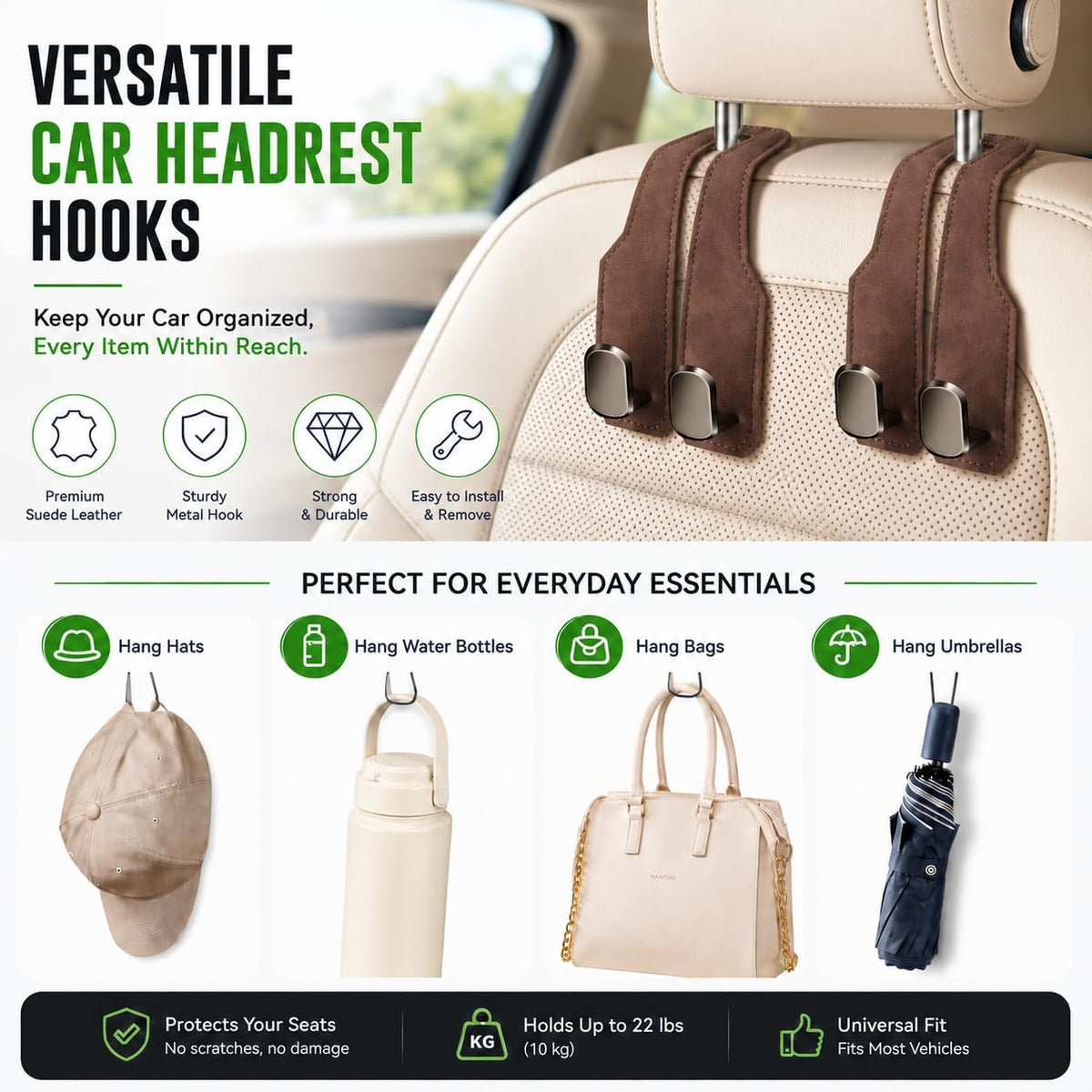 2 Pack Car Headrest Hooks, Dual Metal Hooks, Stylish Brown