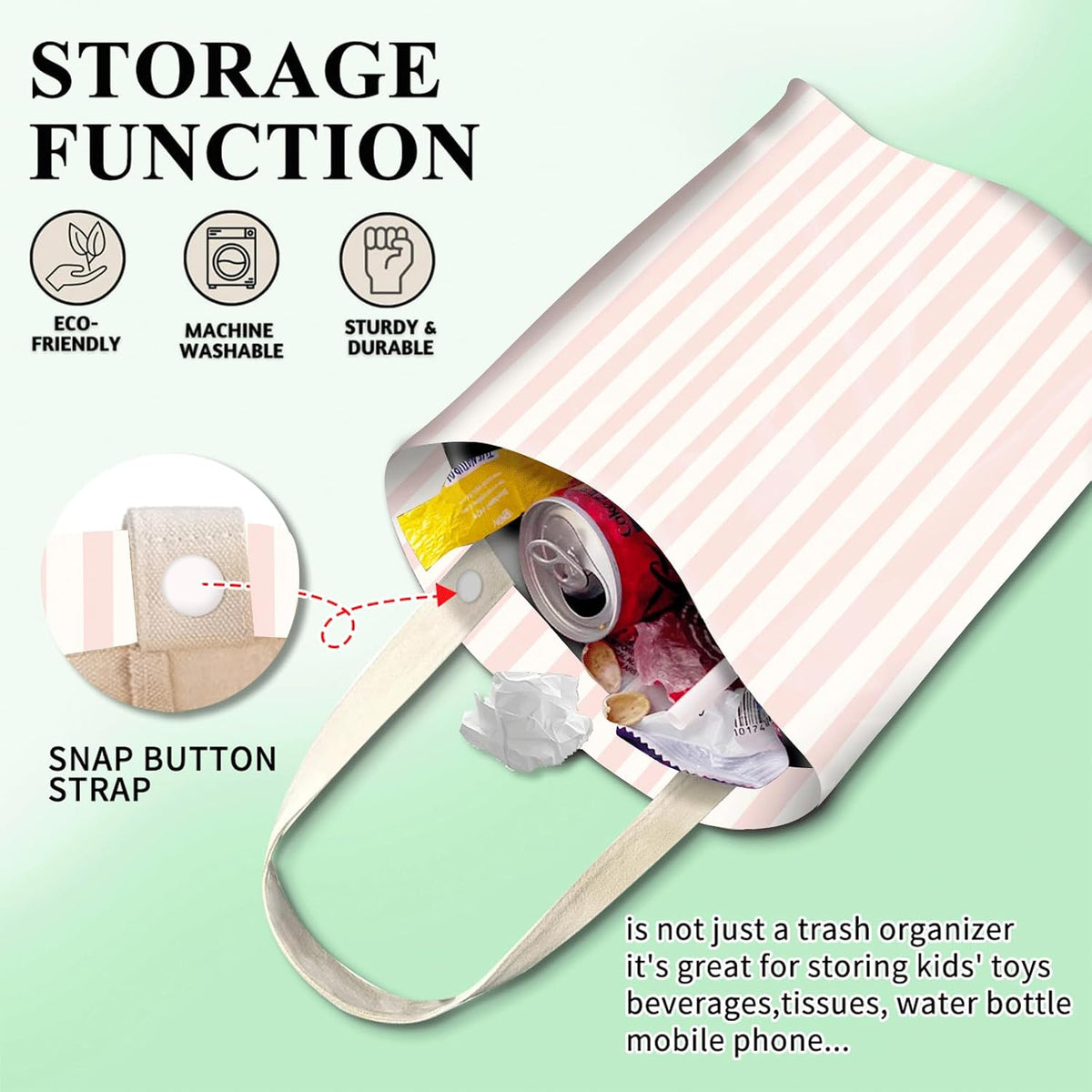 Car Trash Can, Cute Car Trash Bag, Hanging Car Organizer and Storage Bag, Trash Bin for Car Accessories, Vehicle, Travelling, Camping Pink Stripe Print