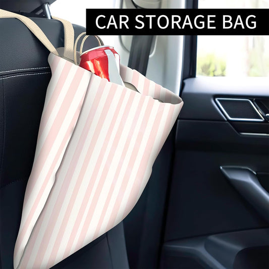 Car Trash Can, Cute Car Trash Bag, Hanging Car Organizer and Storage Bag, Trash Bin for Car Accessories, Vehicle, Travelling, Camping Pink Stripe Print