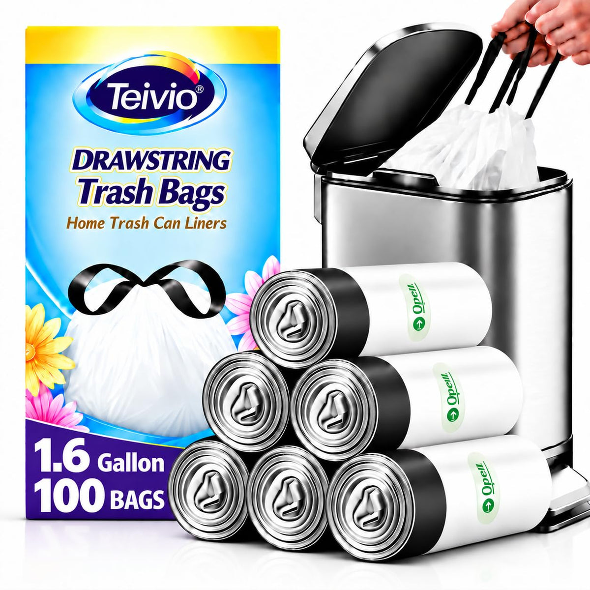 Teivio 2 Gallon Small Drawstring Trash Bags, 90 Count White Garbage Bags, Mini Plastic Bin Liners fit 1.8-2 Gal Waste Bin for Bathroom, Kitchen, Bedroom, Office, Pet Litter, Household Daily Use