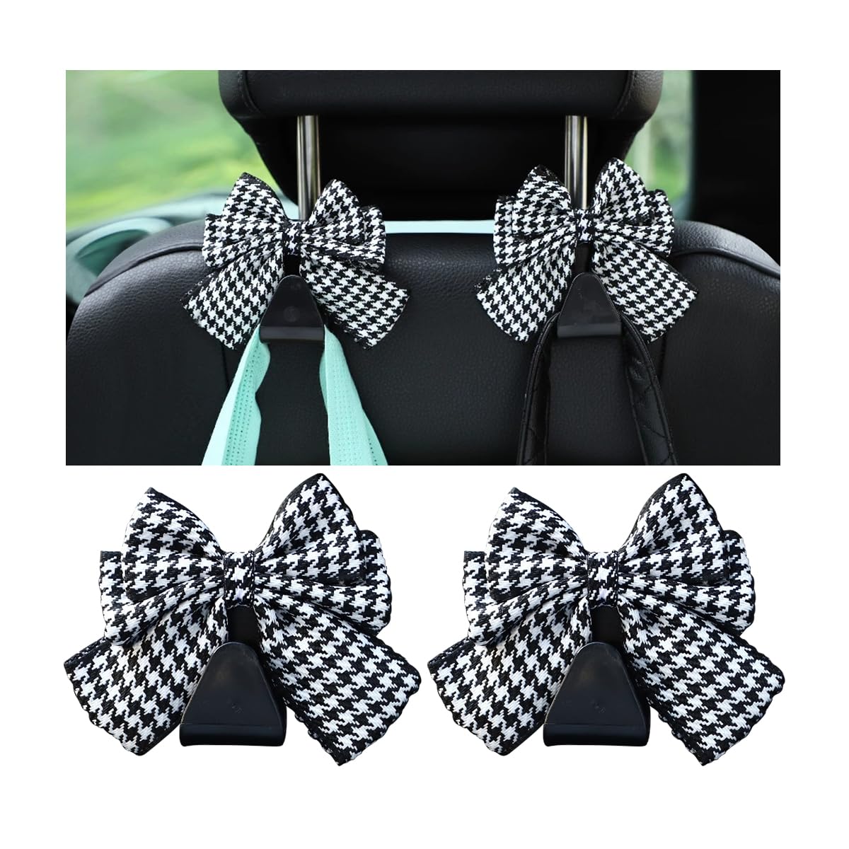 Mandark 2PCS Bow Car Headrest Hooks for Bags, Black Line