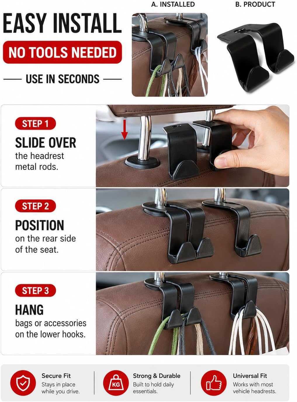 2PCS Car Seat Hooks for Purse, Handbag, Coat and Grocery Bag, Car Interior Accessories, Universal Car Rear Seat Hooks
