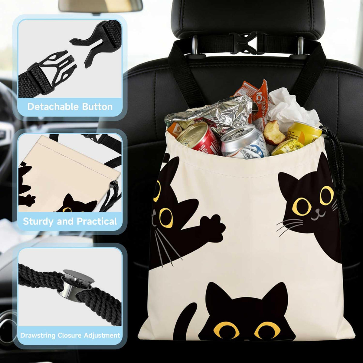 Three Black Cats Car Trash Bag - Waterproof Car Trash Bag Hanging Leakproof Car Garbage Bag - Washable Reusable Trash Bag For Car Interior Hanging Organizer Storage Vehicle Travelling Camping
