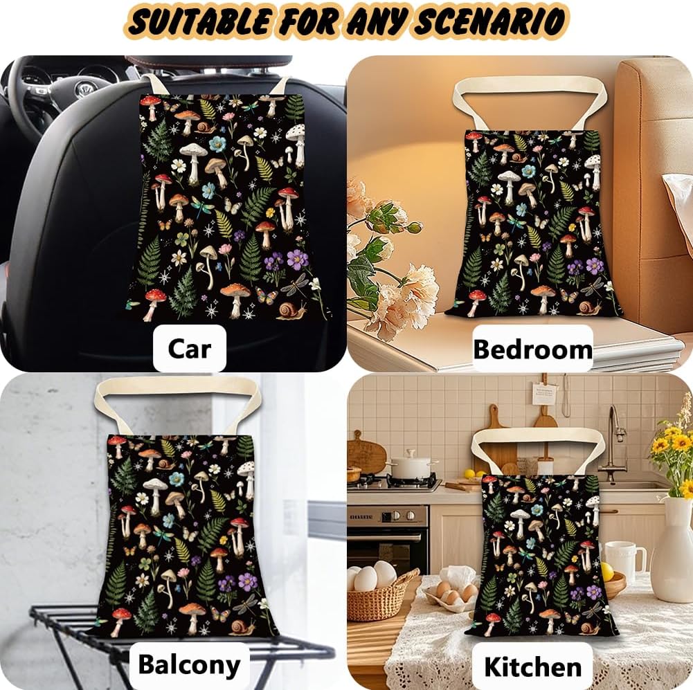 Mushroom Car Trash Can Floral Car Trash Bag Hanging Plants Snails Pattern Polyester Washable Waterproof Organizer Storage Can for Vehicle Interior Travel Accessories Reusable Leak Proof