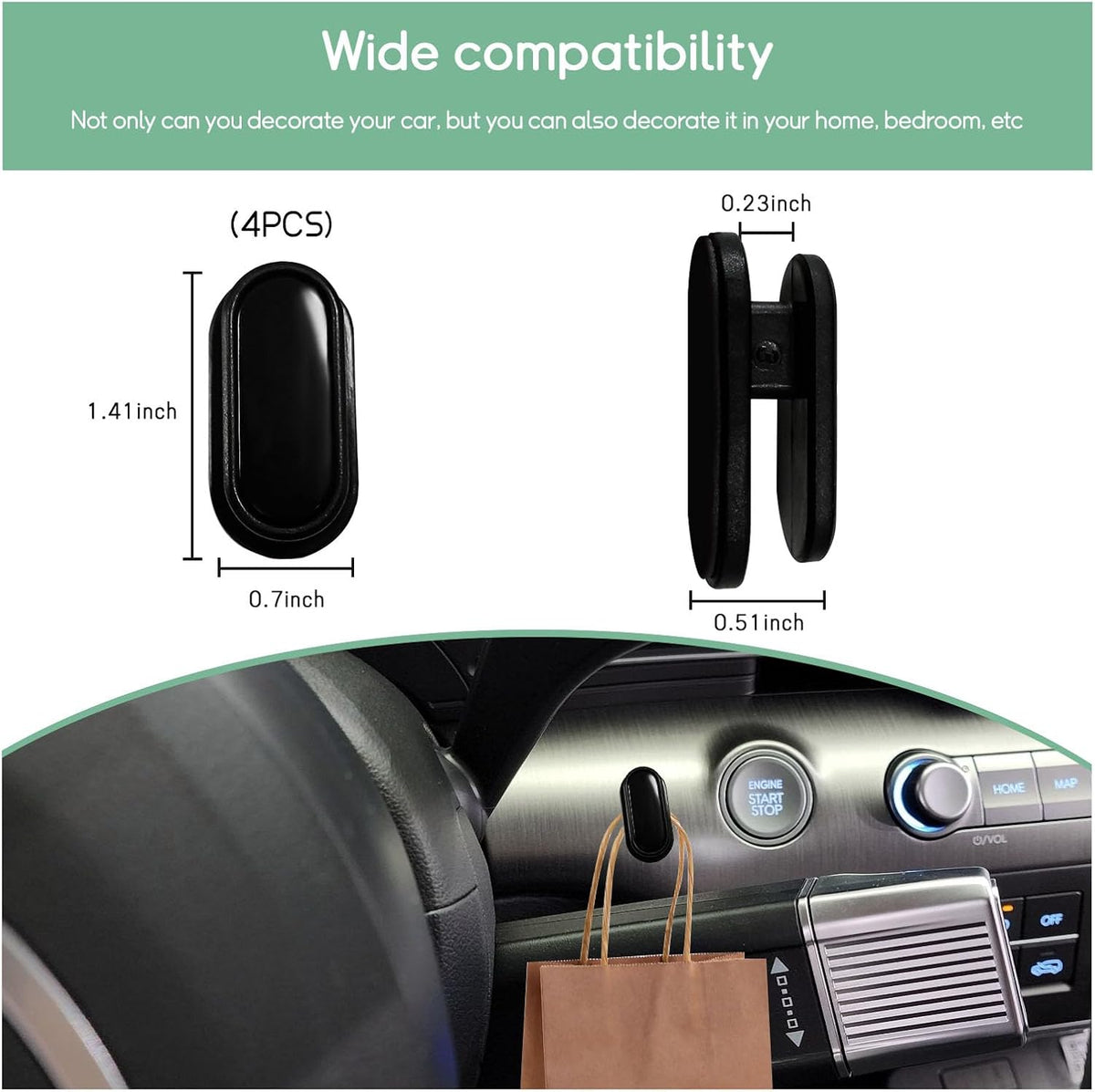 Dickno 4 PCS Car Mini Hook, Multifunctional Auto Adhesive Backseat Hangers on Dashboard, Universal Hook Stickers for Key, Mask, Earphone, Charging Cable, Vehicle Interior Accessories (Glossy)