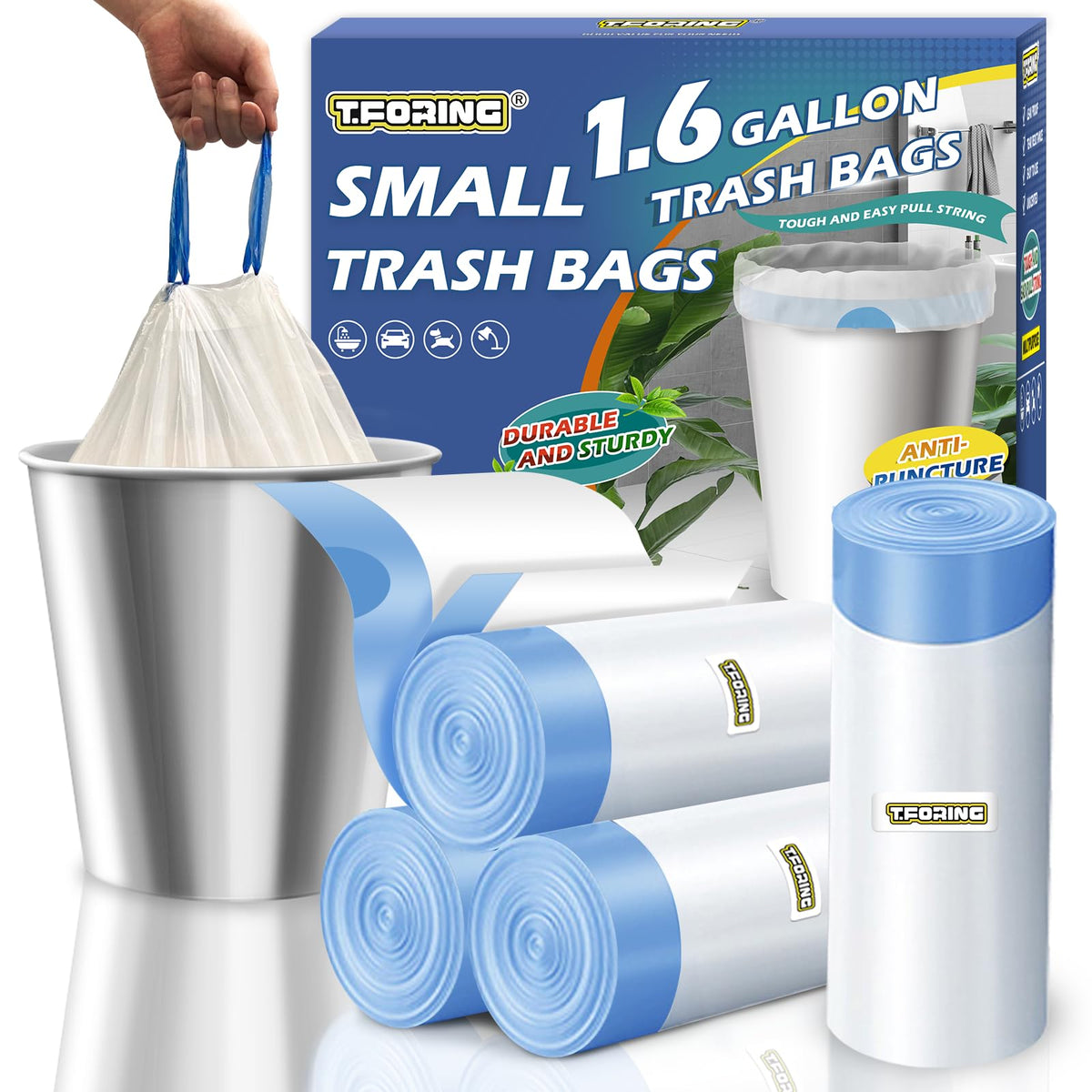 Small 2 Gallon Trash Bags Drawstring,0.96 Mil,Unscented,120 Count