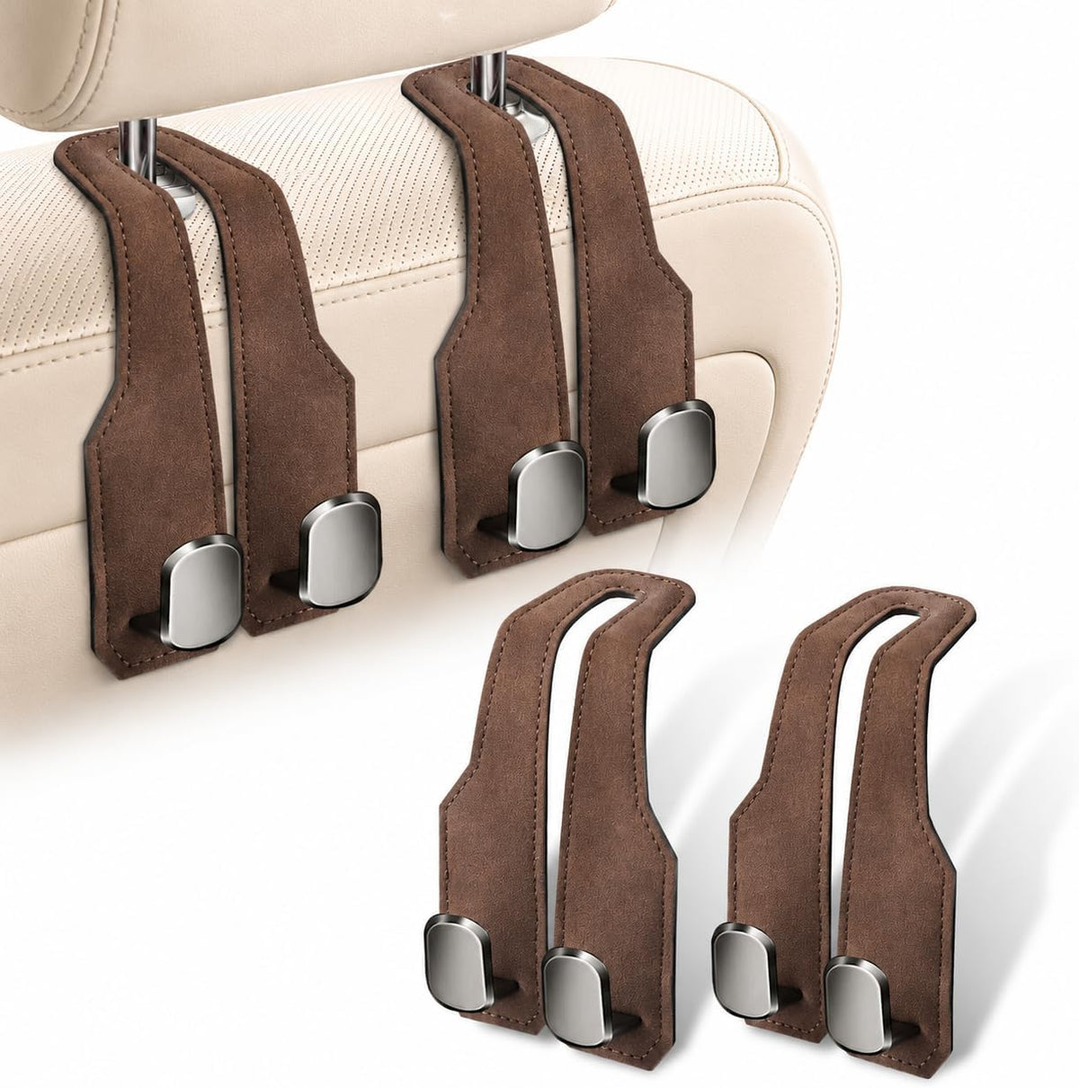 2 Pack Car Headrest Hooks, Dual Metal Hooks, Stylish Brown