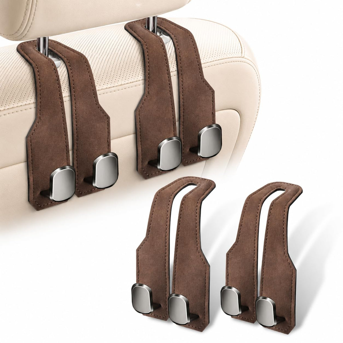 2 Pack Car Headrest Hooks, Dual Metal Hooks, Stylish Brown