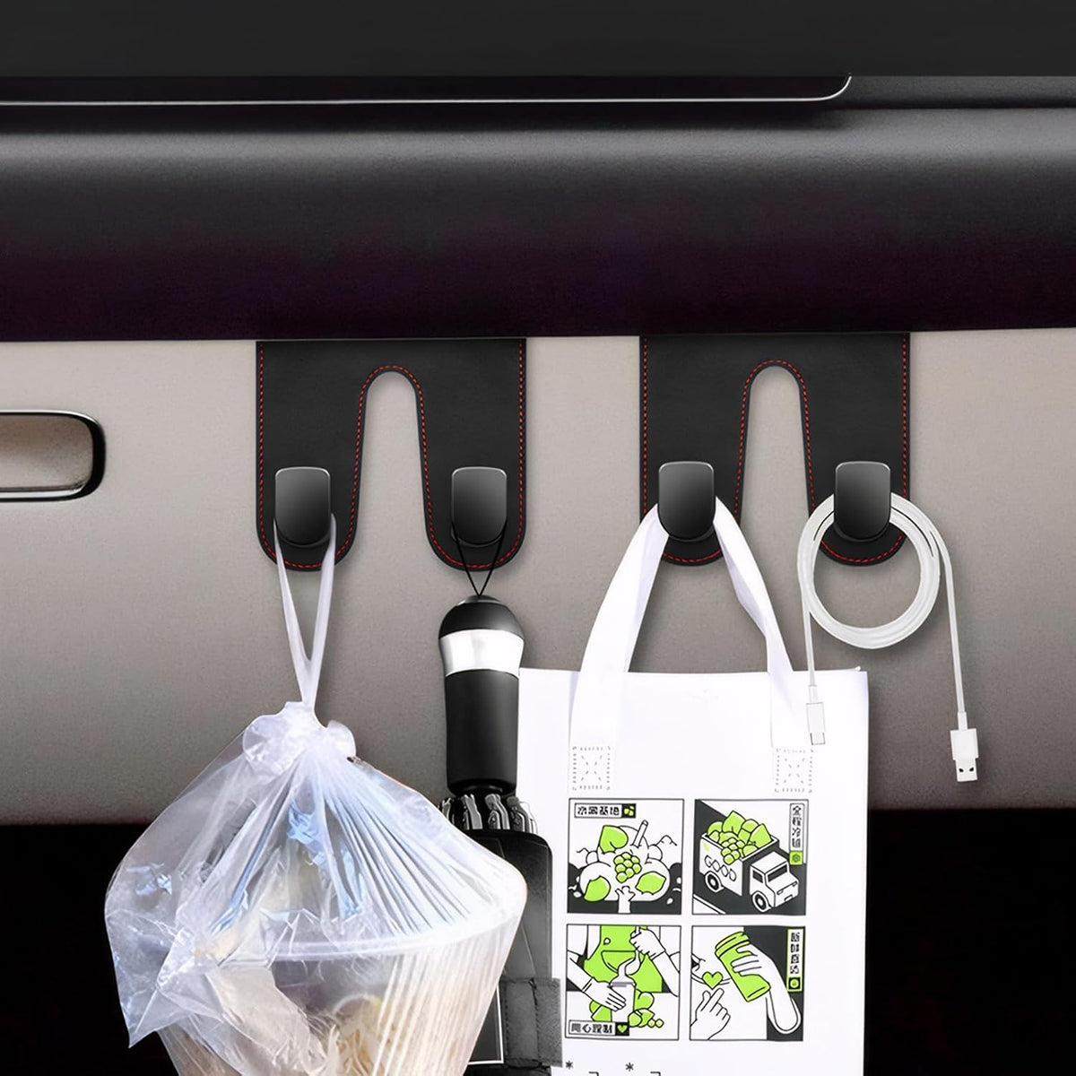 Adorila Car Glove Box Hooks (2 Pack) - Vegan Leather Dual-Hook Passenger Seat Purse Hanger, No-Adhesive Dashboard Organizer (Black)