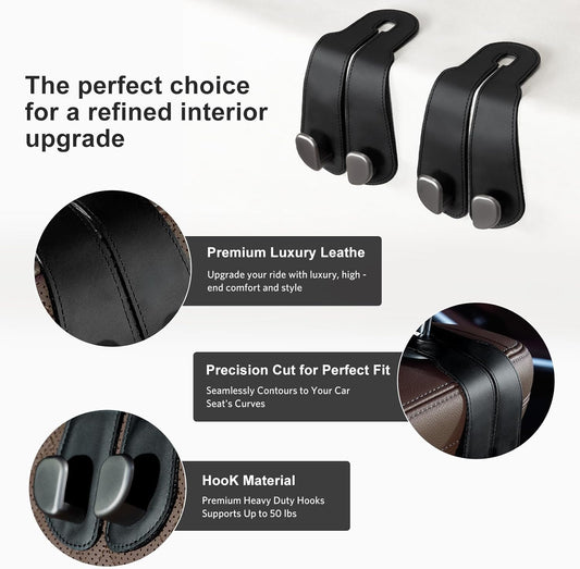CoBak Purse Hook for Car - Universal Premium Stitched Leather and Aluminum-Magnesium Alloy Double Car Seat Back Storage Hook for Purses, Handbags, Bags (2 Pack),Black