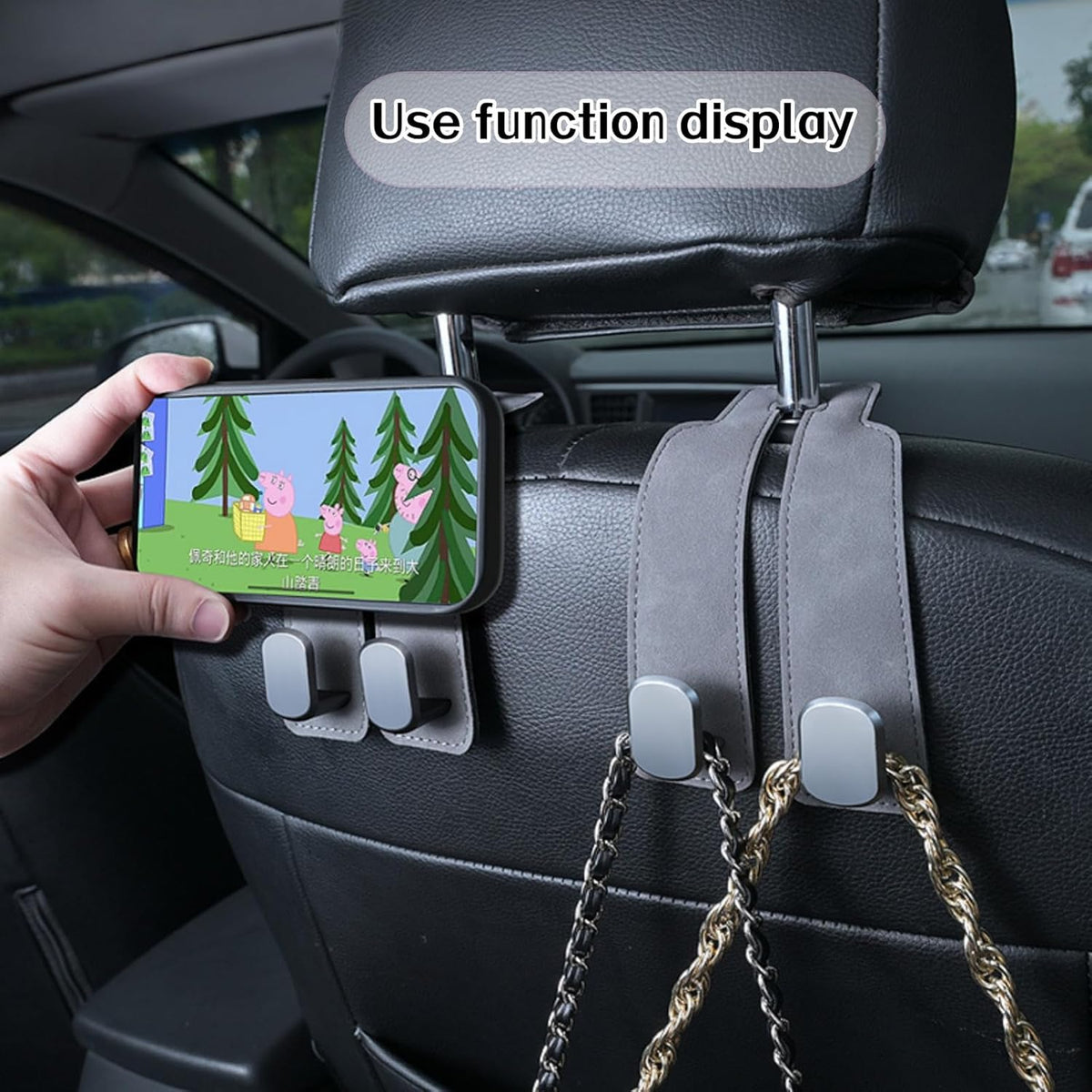 Coozyland Car Hooks, Coozy Land Metal Multi-Function Leather Car Headrest Hooks, Universal Double Hook Car Seat Back Storage Hooks for Wallets, Handbags, Bottles, Trash Bags, etc(Black 4-Pack)