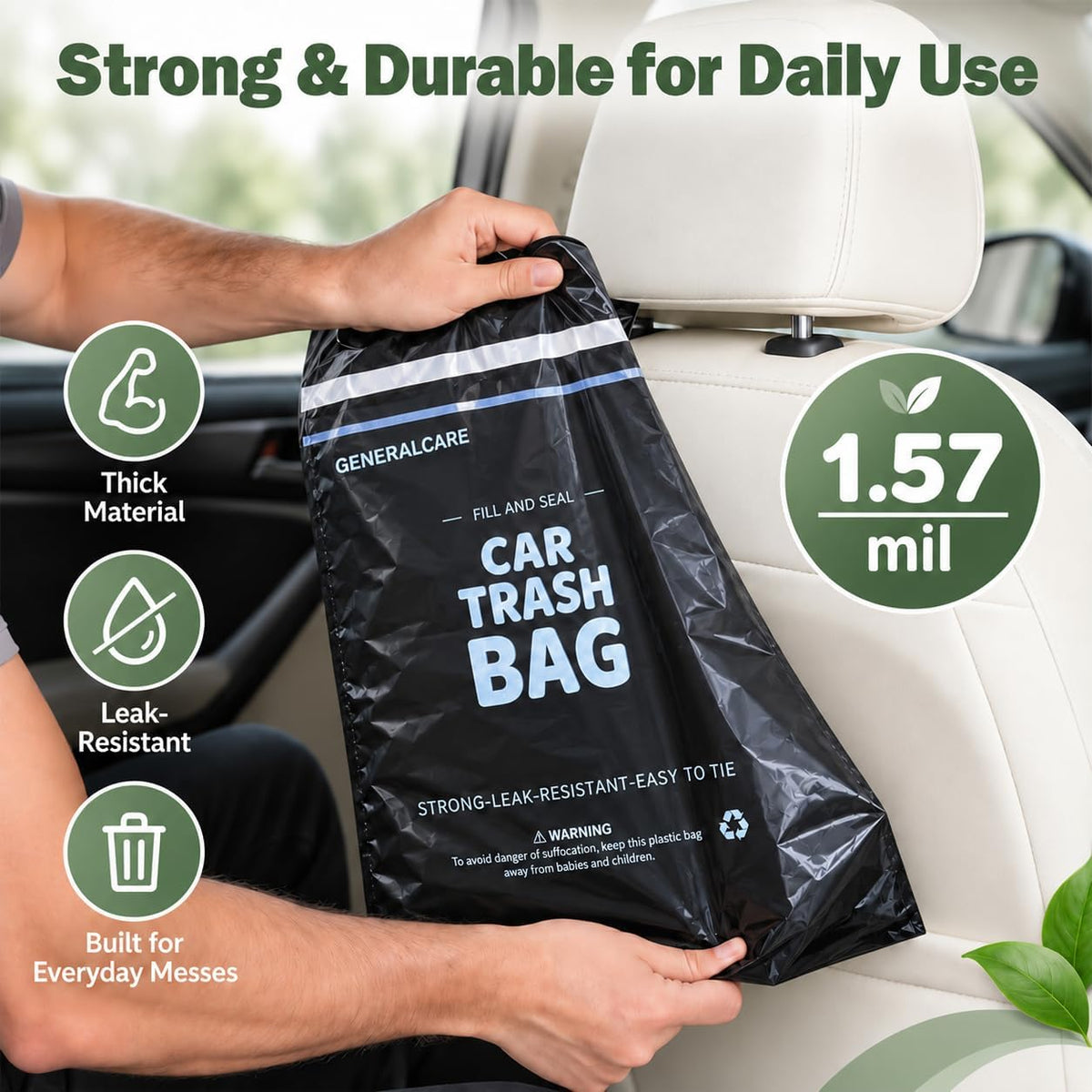 50 Count Disposable Car Trash Bags 2.5 Gallon 1.57mil Heavy Duty Car Trash Can Leakproof Hanging & Stick-On Garbage Bag for Car
