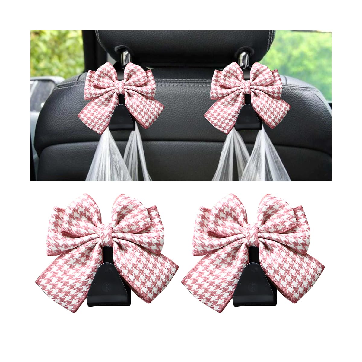 Mandark 2PCS Bow Car Headrest Hooks for Bags, Black Line