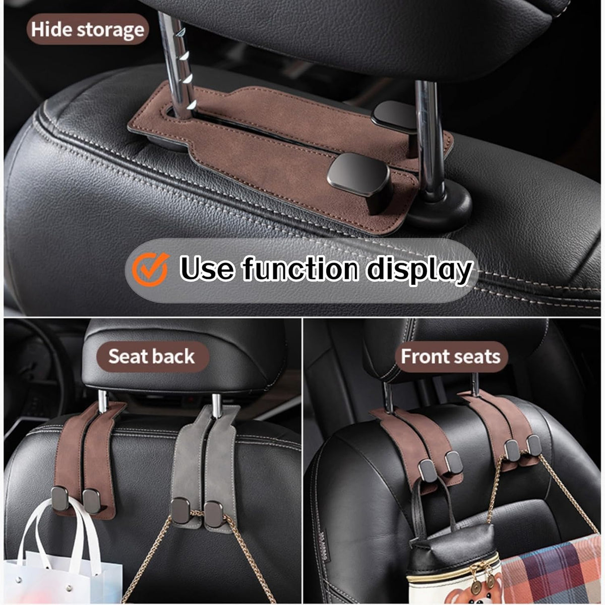 Coozyland Car Hooks, Coozy Land Metal Multi-Function Leather Car Headrest Hooks, Universal Double Hook Car Seat Back Storage Hooks for Wallets, Handbags, Bottles, Trash Bags, etc(Black 4-Pack)