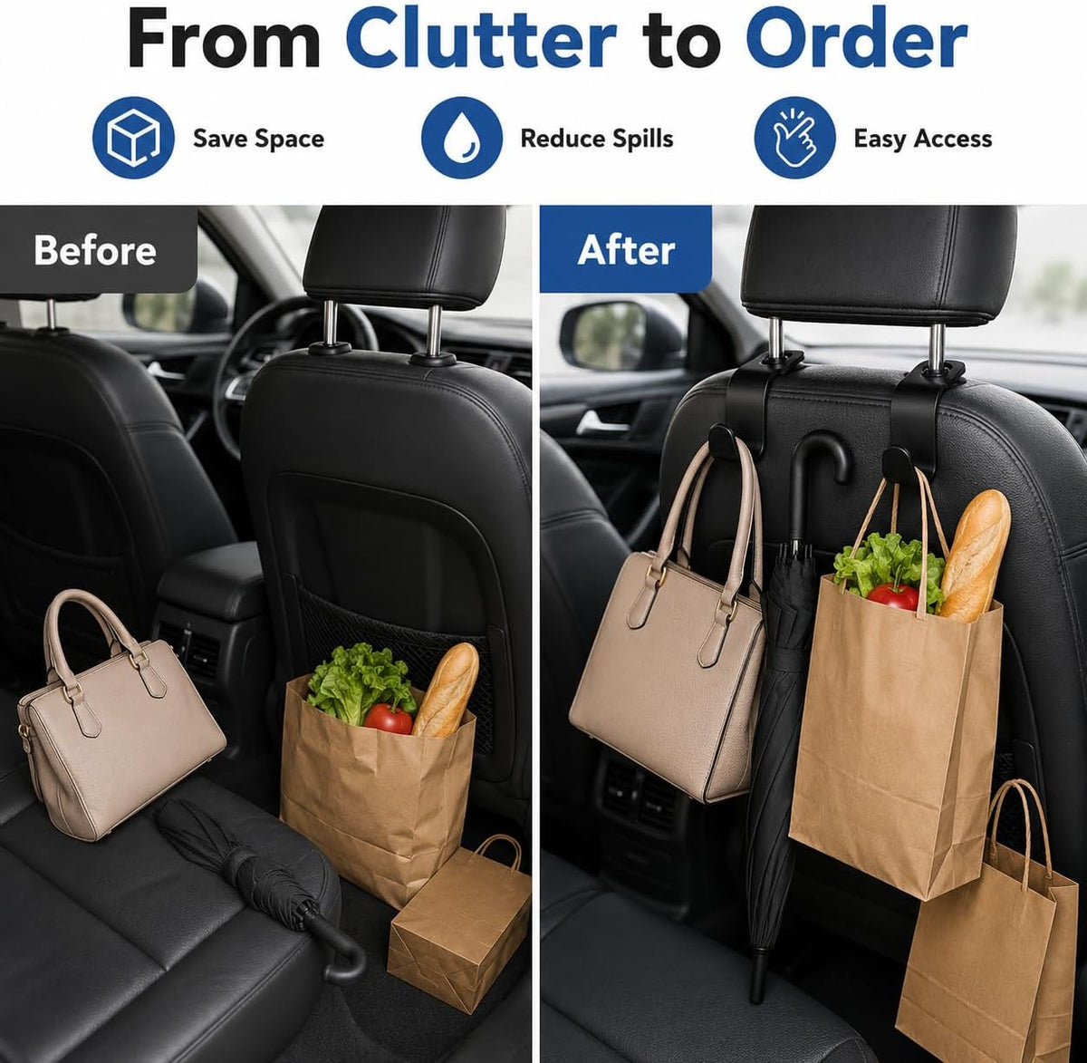 4pcs Car Seat Headrest Hooks, Universal Back Seat Storage Hooks for Purses Grocery Bags Coats Umbrellas, Vehicle Organizer Accessories