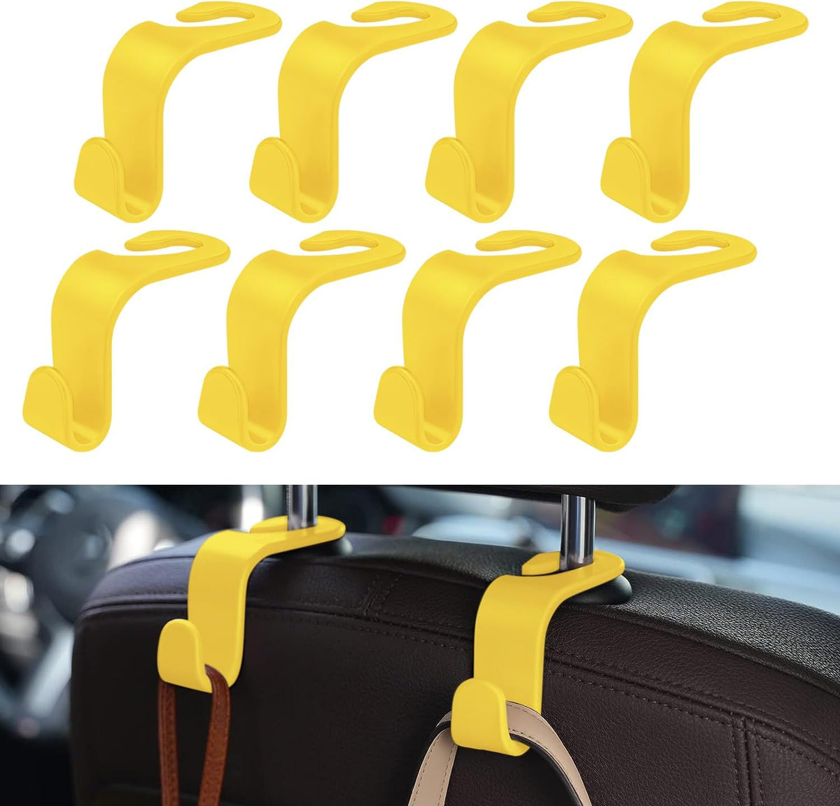 8 Pack Car Seat Headrest Hooks with 44 Pounds Load Capacity, Hangers Storage Organizer Universal Car Interior Accessories for Handbags Water Bottles Purse Coats Umbrellas, Yellow