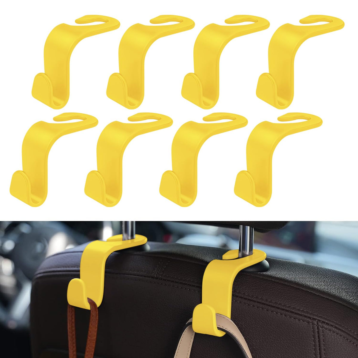 8 Pack Car Seat Headrest Hooks with 44 Pounds Load Capacity, Hangers Storage Organizer Universal Car Interior Accessories for Handbags Water Bottles Purse Coats Umbrellas, Yellow