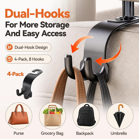 4 Pack Car Headrest Hooks, Dual Hook Seat Back Hangers with 360° Rotation, 55 lb Capacity, Car Organizer for Purses, Grocery Bags, Backpacks and Umbrellas, Black