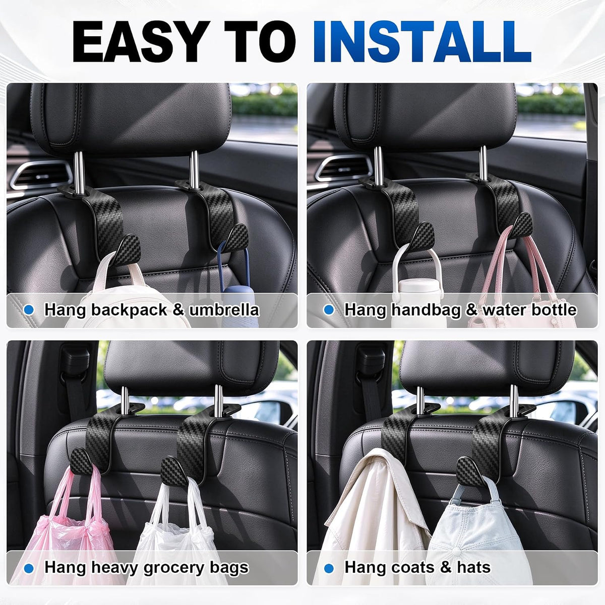 SINGARO Universal 4 Pack Car Seat Headrest Purse Hook, Carbon Fiber Back Seat Hook Storage Organizer Hanger for Purse Handbag Coat, Car Interior Accessories(Black)