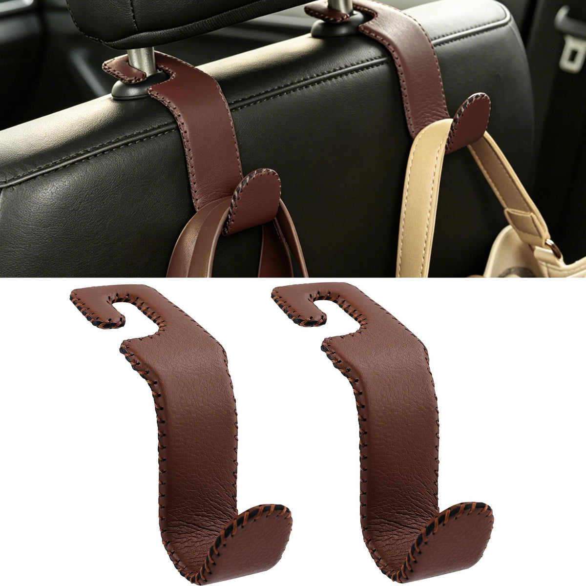 Car Seat Headrest Hook Heavy Duty 55lb Metal Hanger with Leather for Bags