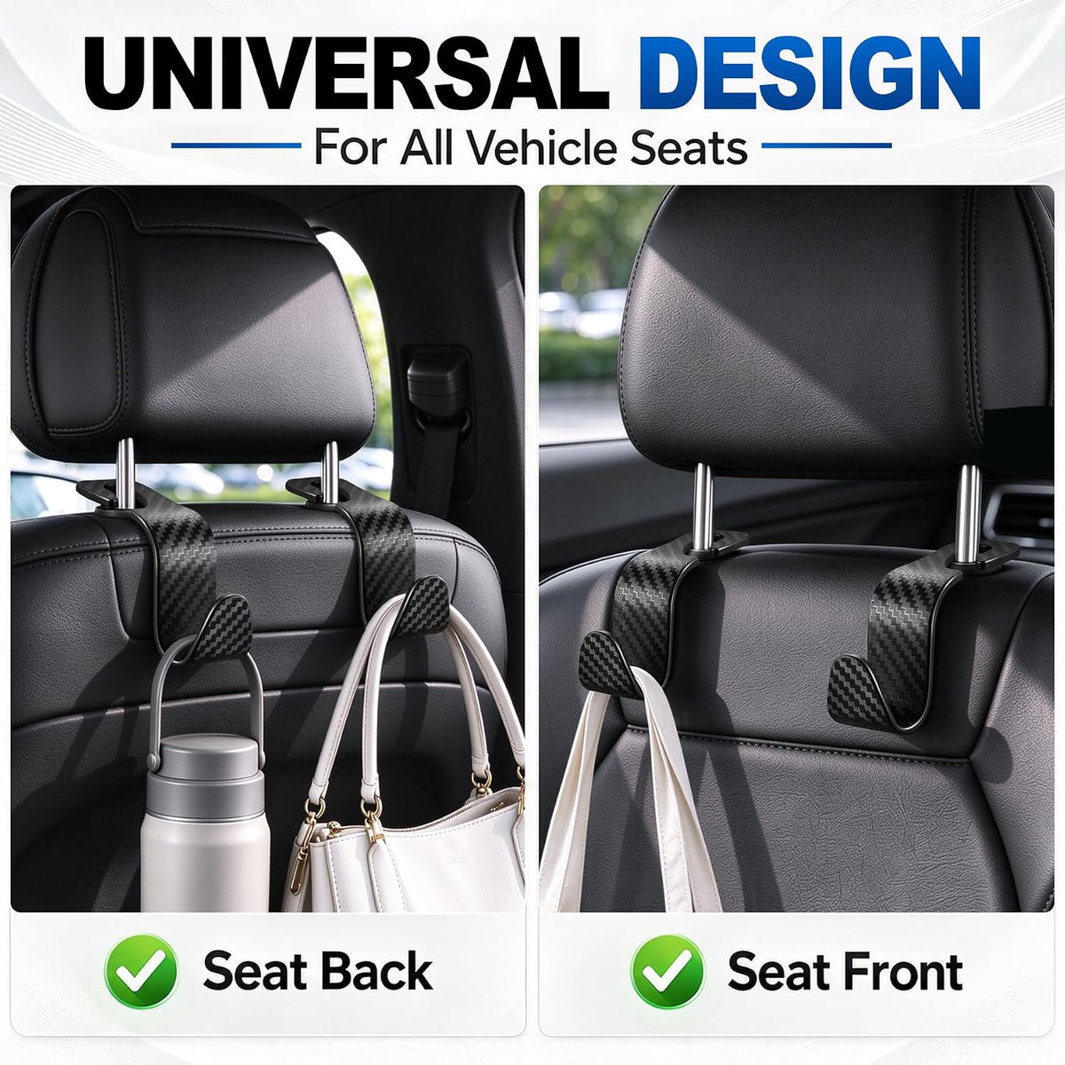 SINGARO Universal 4 Pack Car Seat Headrest Purse Hook, Carbon Fiber Back Seat Hook Storage Organizer Hanger for Purse Handbag Coat, Car Interior Accessories(Black)