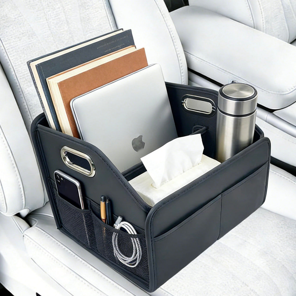 Car Storage Organizer Foldable PU Leather Front Seat Caddy