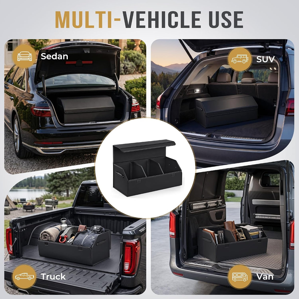 Car Trunk Organizer for SUV & Sedan - Magnetic Lid, Large Capacity PU Leather Waterproof Foldable Storage Box, Adjustable Dividers and Side Handles, Tools, Snacks & Auto Accessories, 29.5"x13"x11.4"