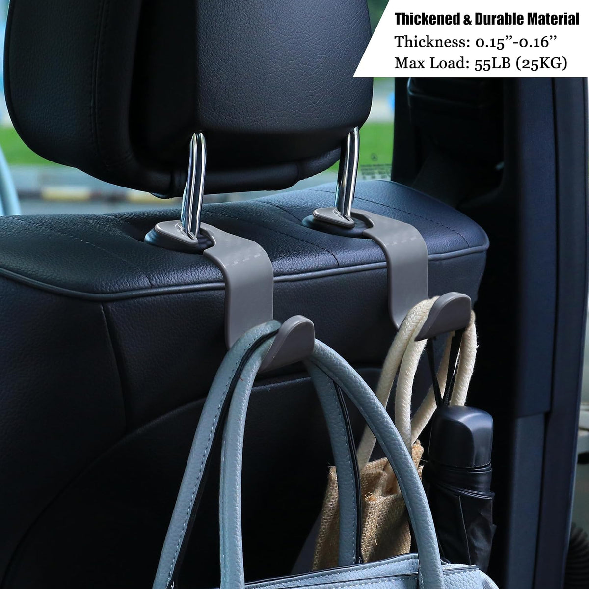 Car Seat Headrest Hooks Vehicle Storage Organizer for Purses Handbags Groceries Coats – Holds 55 lbs 360° Rotating Checkered Pattern Design 4 Pack (Gray Checkered)