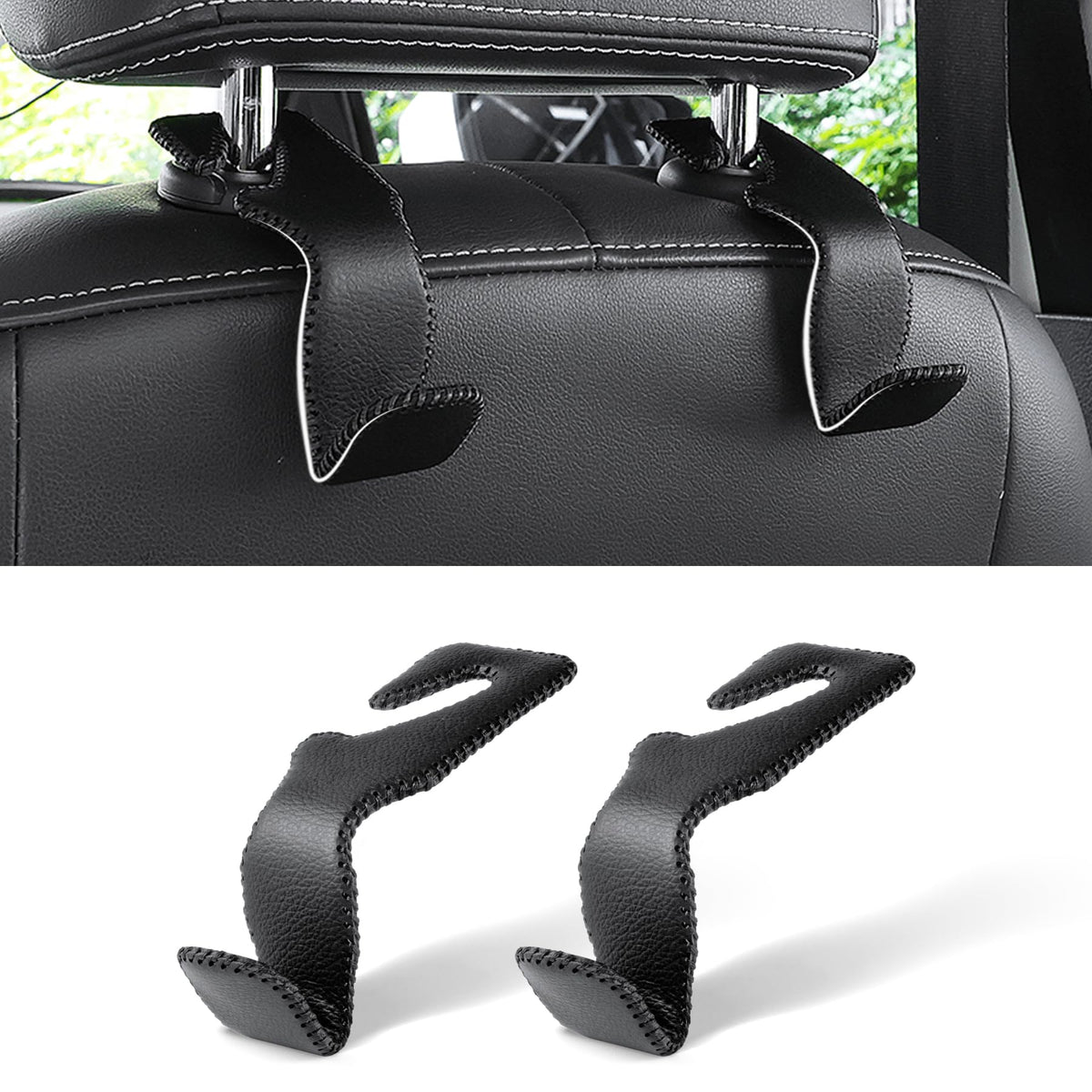 LivTee Black Superior Leather Car Seat Back Headrest Hook, Auto Seat Hook Hangers Interior Accessories for Purse Coats Umbrellas Grocery Bags Handbag, 2-Pack