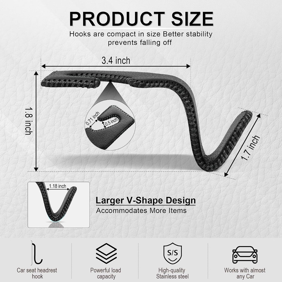 LivTee Black Superior Leather Car Seat Back Headrest Hook, Auto Seat Hook Hangers Interior Accessories for Purse Coats Umbrellas Grocery Bags Handbag, 2-Pack