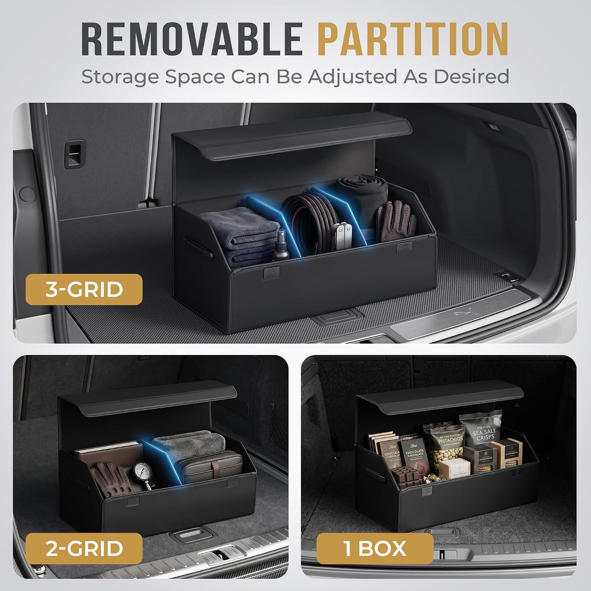 Car Trunk Organizer for SUV & Sedan - Magnetic Lid, Large Capacity PU Leather Waterproof Foldable Storage Box, Adjustable Dividers and Side Handles, Tools, Snacks & Auto Accessories, 29.5"x13"x11.4"