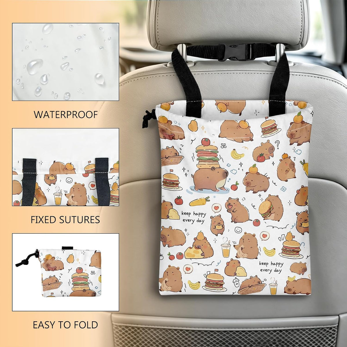 Car Trash Can, Cute Capybara Car Trash Bin, Gift for Capybara Lover, Hanging Back of Seat with Adjustable Snap Buckle Garbage Bag for Car