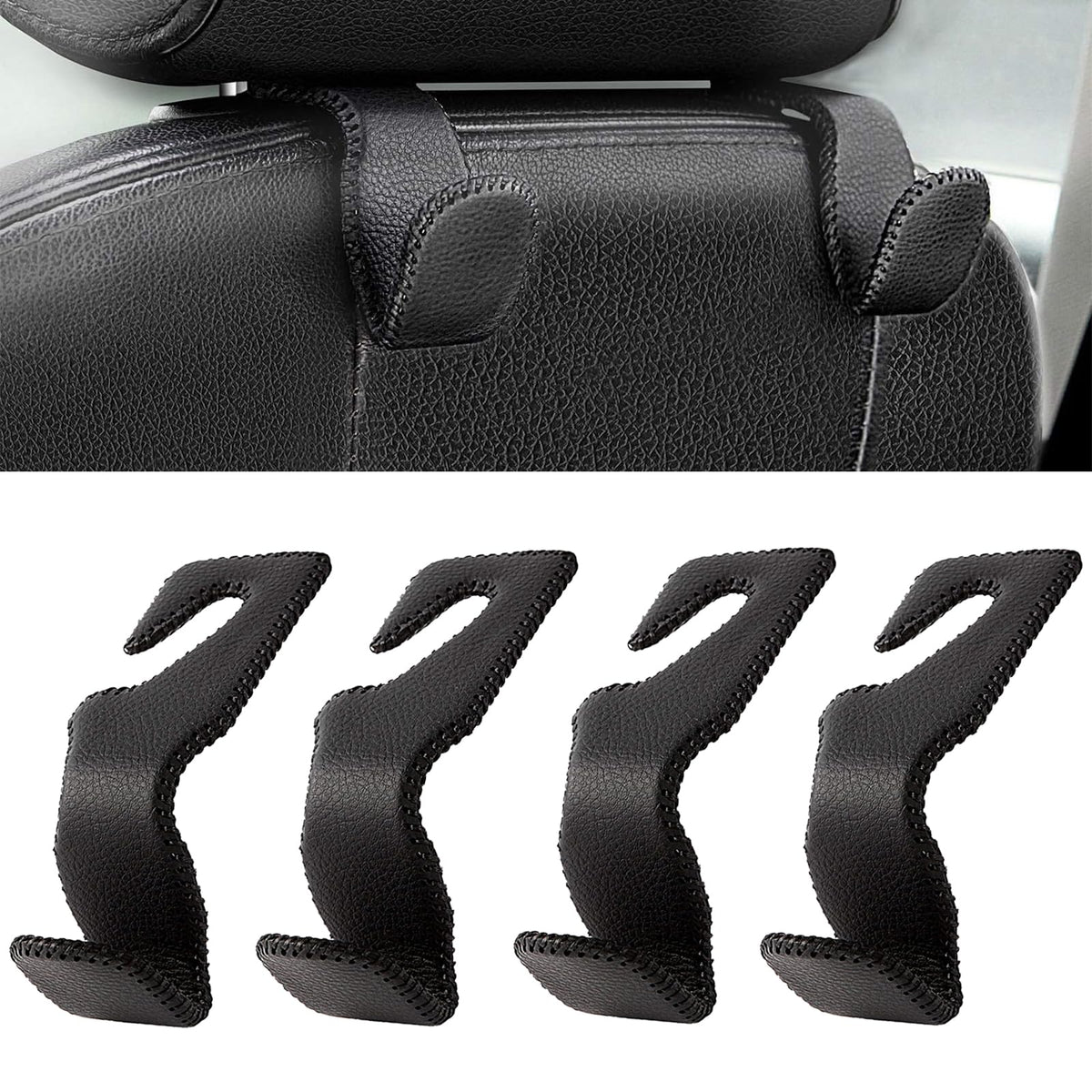 AMVOYOA Headrest Hooks for Car, Back Seat Organizer Black Leather Hanger Holder Hook, for Hanging Purses and Bags and Coats, Pack of 2