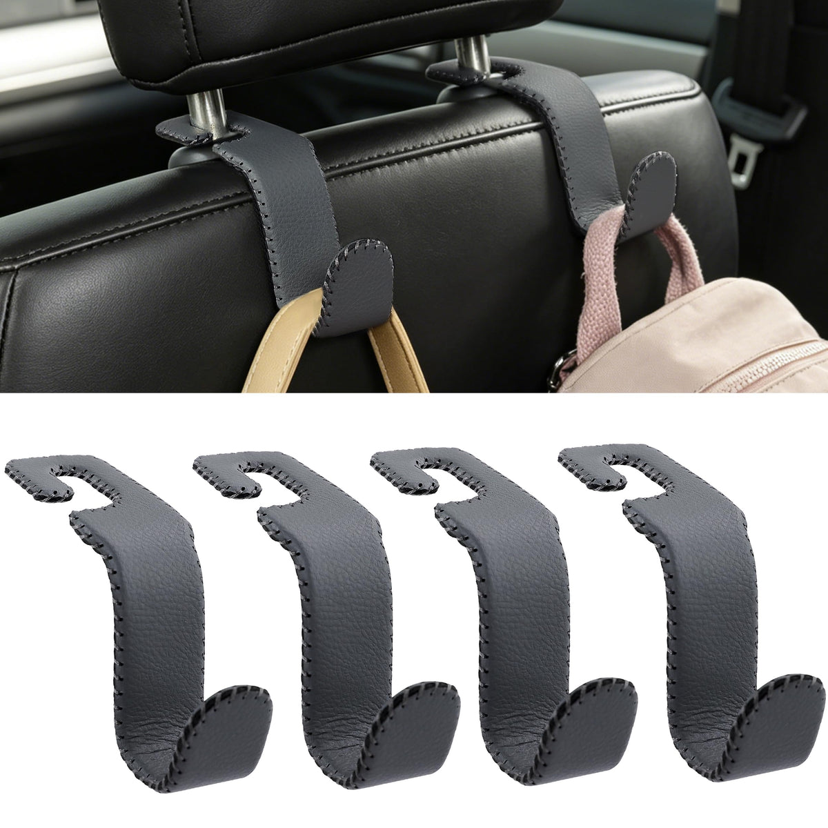 Car Seat Headrest Hook Heavy Duty 55lb Metal Hanger with Leather for Bags