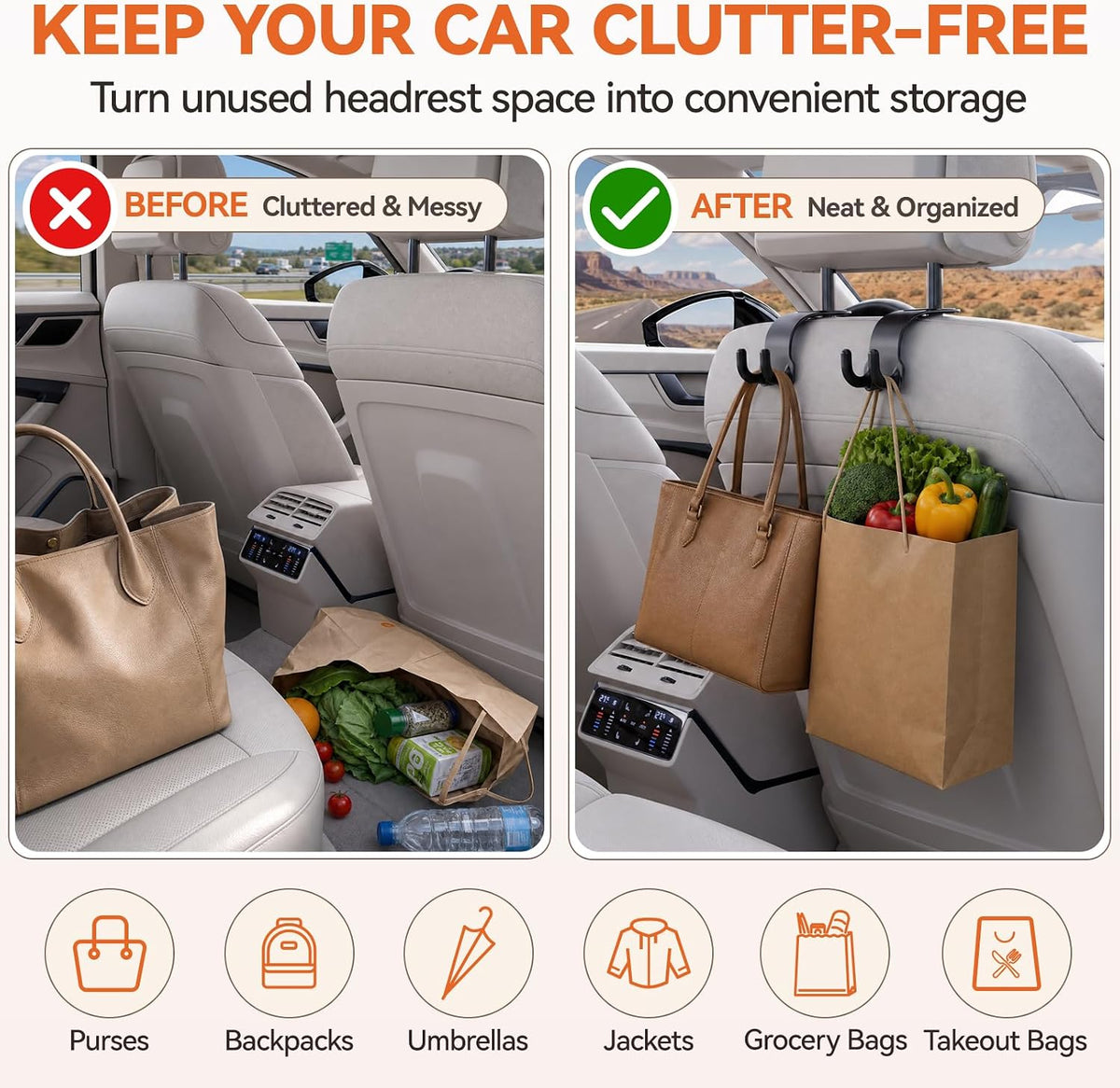 4 Pack Car Headrest Hooks, Dual Hook Seat Back Hangers with 360° Rotation, 55 lb Capacity, Car Organizer for Purses, Grocery Bags, Backpacks and Umbrellas, Black